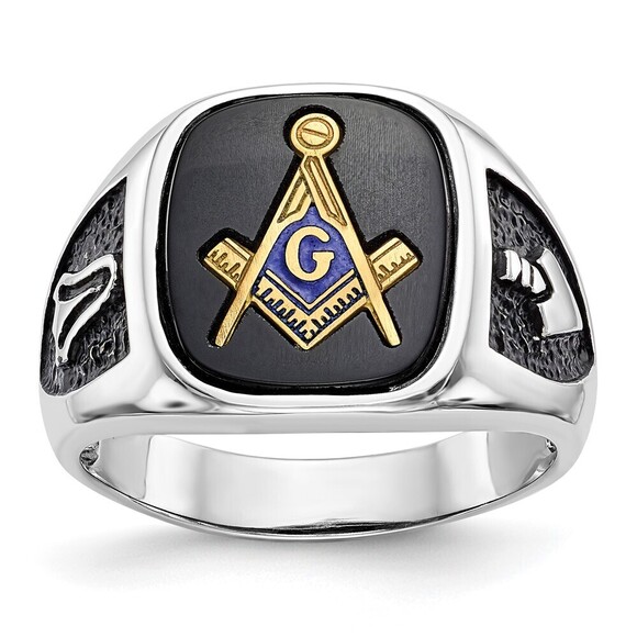 14k White Gold Genuine & Gold Genuine -plated Black Enamel & Onyx Masonic Ring